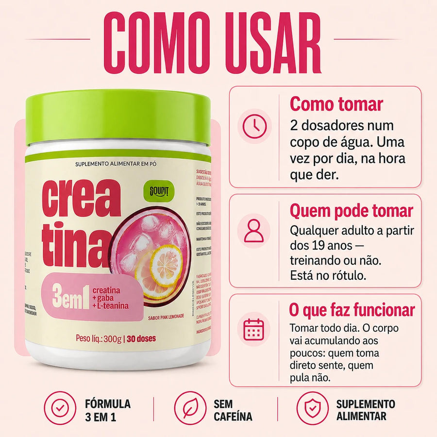 Creatina 3 em 1 com GABA e L-teanina sabor Pink Lemonade - Soufit